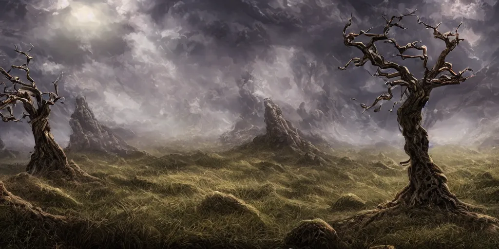 Prompt: bent windswept trees, soilless rocky terrain in background, high quality fantasy art, 4k