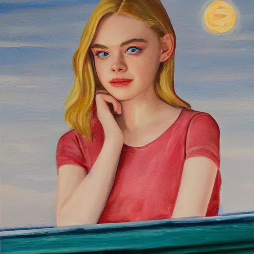 Prompt: Painting of Elle Fanning in front of the moon on a boat. Extremely detailed. 4K. Award winning.