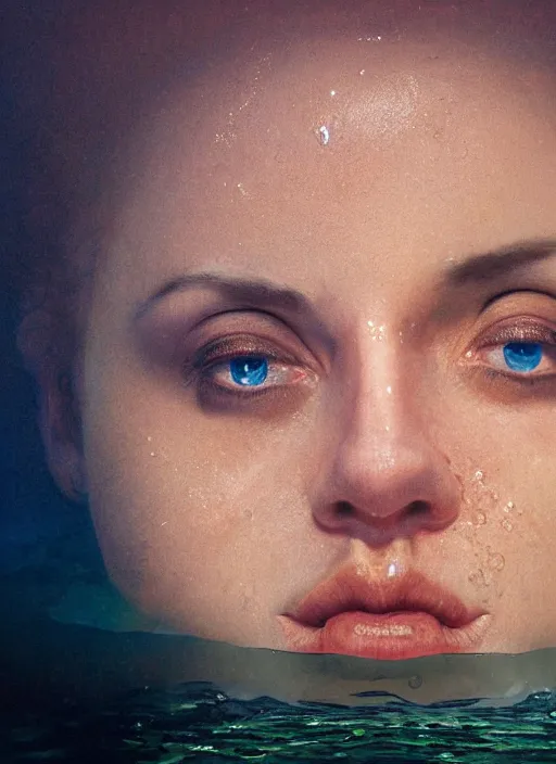 Prompt: beautiful extreme closeup portrait of a woman fully submerged ecxept of the top of his head, horrified look in his eyes, water reflection, sigma 85mm, highly detailed, soft lighting, elegant,sigma 85mm, Edward Hopper and James Gilleard, Zdzislaw Beksinski, Steven Outram, highly detailed