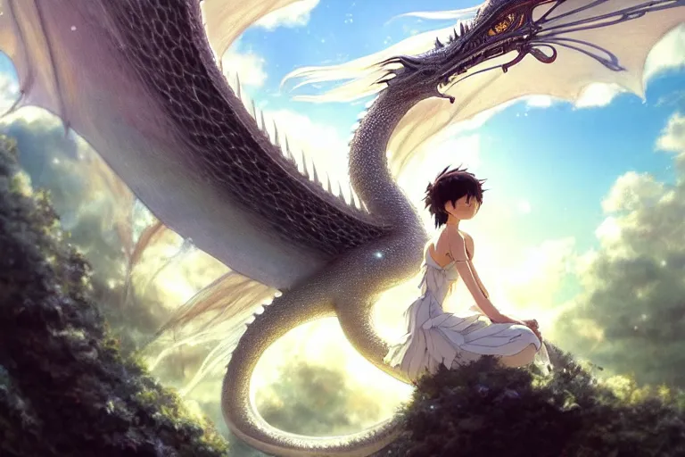 Prompt: the beautiful hyper detailed big scene render that a beautiful girl sitting on the back of a huge silver white dragon alone in fairyland surrounded by white clouds, finely detailed angelic face delicate features, style of studio ghibli, makoto shinkai, artgerm, karol bak, kazuki tanahashi, james jean, ross tran, xision, ultra wide angle