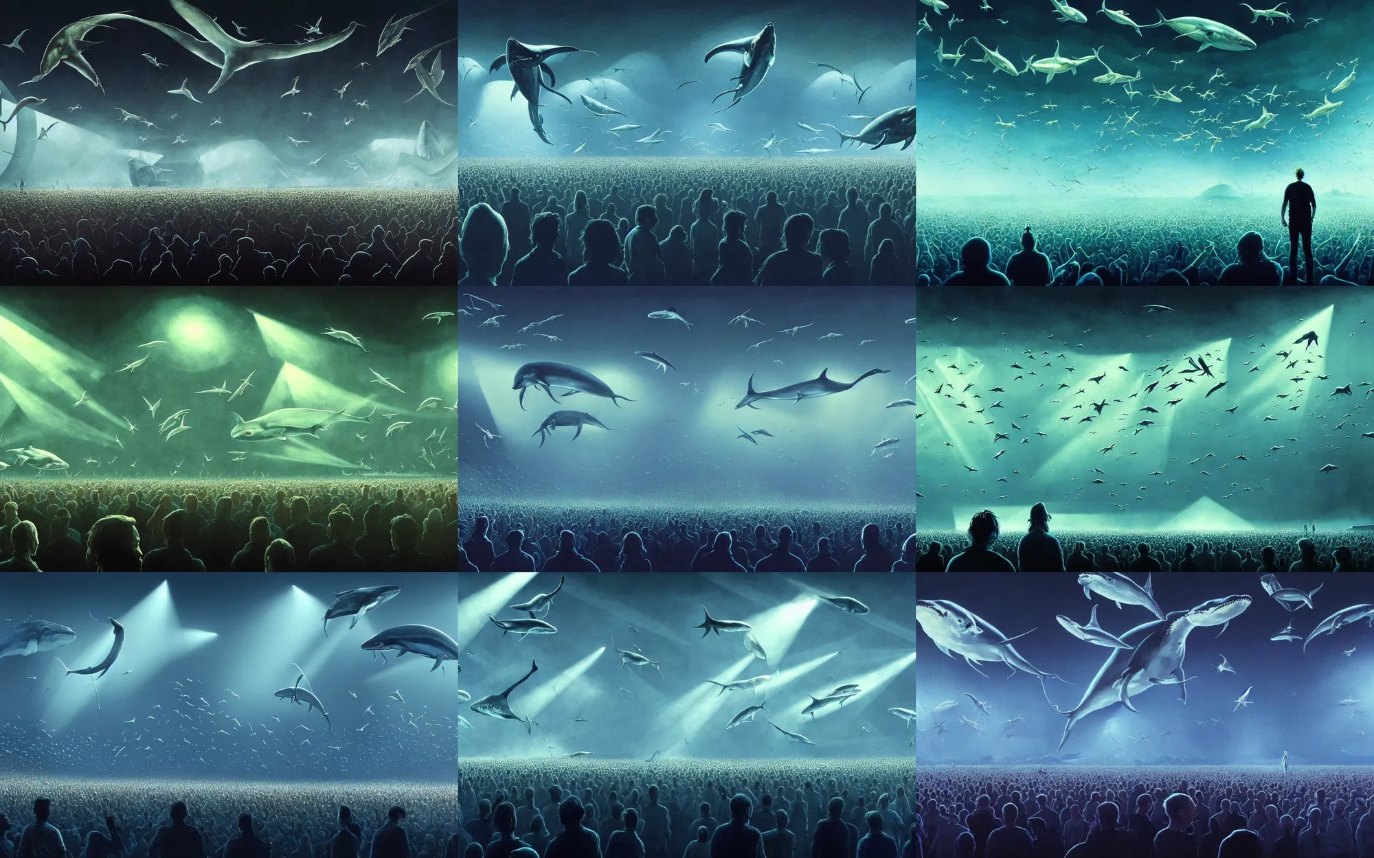 Prompt: thom yorke seeing weird fishes in the air while playing at a radiohead concert, whales, mantis, dolphins and swordfish, concept art by ralph macquarrie, greg rutkowski and james gurney, volumetric light, large crowd in the background, global illumination, detailed, dreamy, surreal, atmospheric