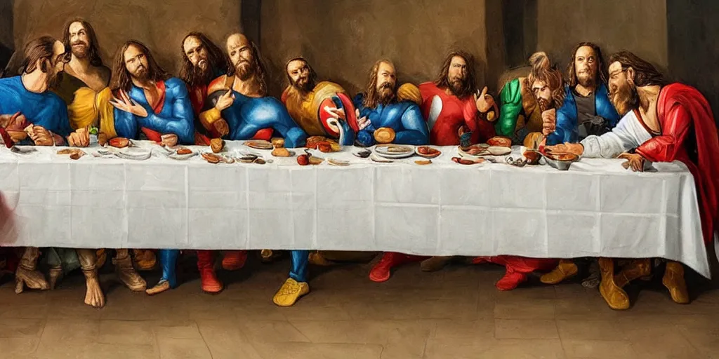 Image similar to the last supper painting, but with Marvel's Avengers