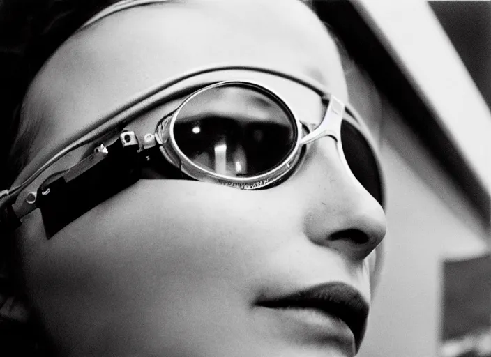 Image similar to close - up portrait of a young woman wearing a choker and welding goggles, in a subway, richard avedon, tri - x pan