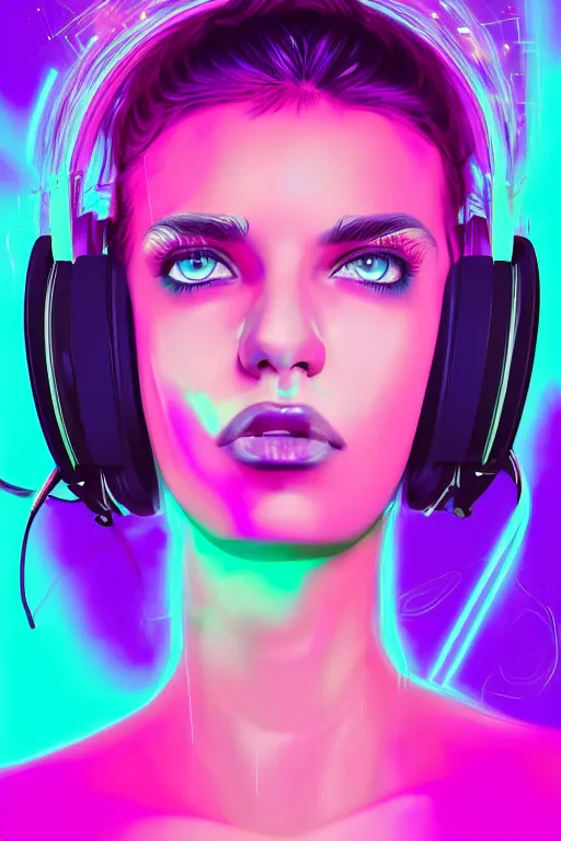 Prompt: a award winning half body portrait of a beautiful woman with stunning eyes in a croptop and cargo pants with ombre purple pink teal hairstyle with headphones on her ears by thomas danthony, surrounded by whirling illuminated lines, outrun, vaporware, shaded flat illustration, digital art, trending on artstation, highly detailed, fine detail, intricate