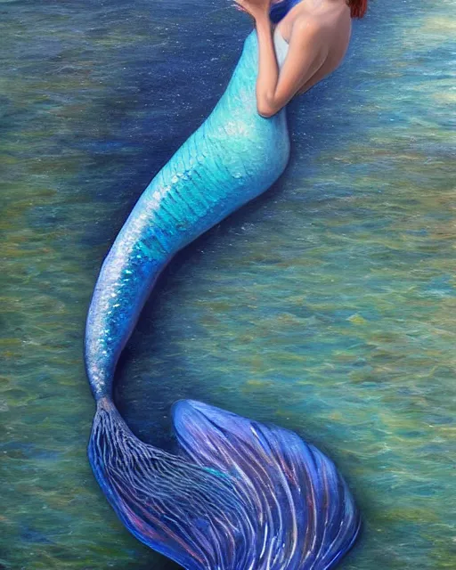 Prompt: “ a beautiful hyper realistic painting of a mermaid with a beautiful sparkling blue tail ”