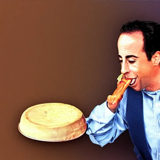 Image similar to jerry seinfeld eating a large wheel of cheese, realistic, color film,