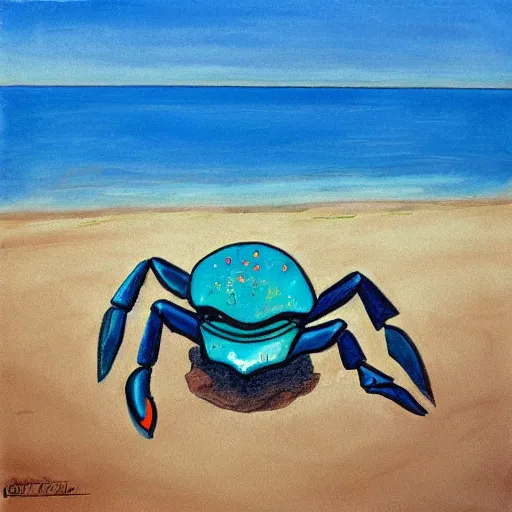 Image similar to crab on beach on sand, sea in the background, sun is shining, art by disney