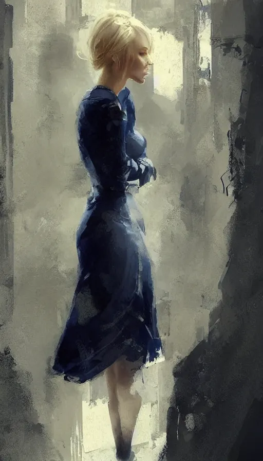 Prompt: beautiful blonde wearing a navy blue dress, ornate, by Greg Rutkowski and Jeremy Mann