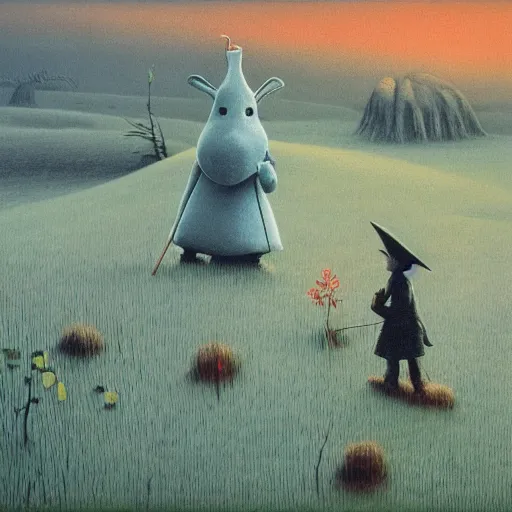 Image similar to the moomins in moominvalley, beksinski painting, very detailed!, high quality, 4 k