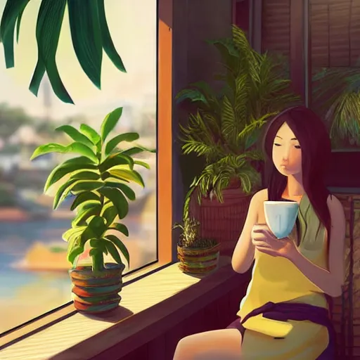 Prompt: a thin, pretty young Filipino woman sits near the window of a cute seaside Cafe with an espresso, golden morning light, cozy, tropical plants, anime style art, trending on artstation