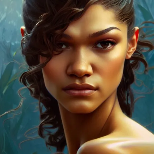 Image similar to beautiful zendaya, closeup, D&D, fantasy, intricate, elegant, highly detailed, digital painting, artstation, concept art, matte, sharp focus, illustration, art by Artgerm and Greg Rutkowski and Alphonse Mucha