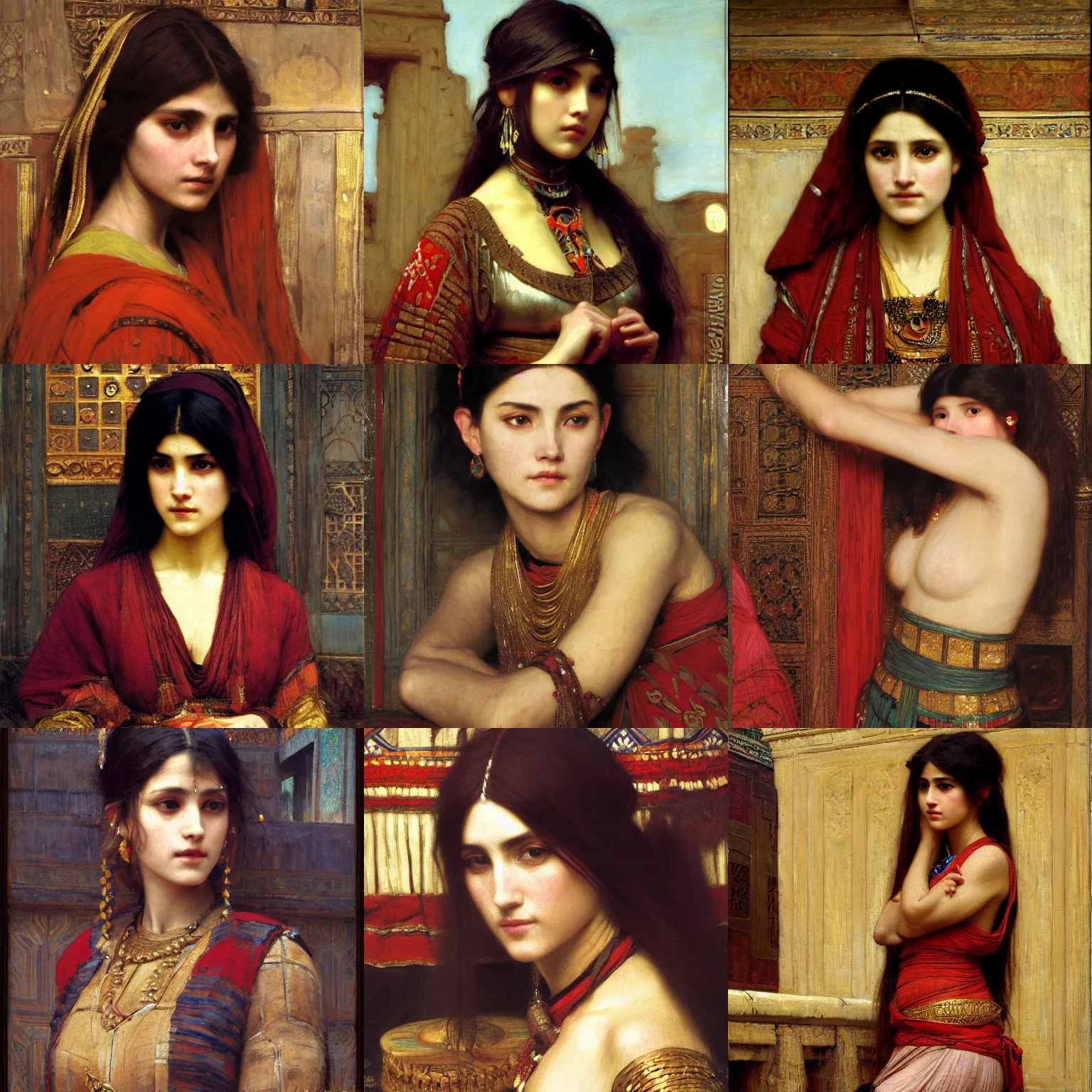 Prompt: orientalist painting of a Taureg woman intricate portrait by john william waterhouse and Edwin Longsden Long and Theodore Ralli and Nasreddine Dinet, oil on canvas. Cinematic, hyper realism, dramatic lighting, high detail 8k