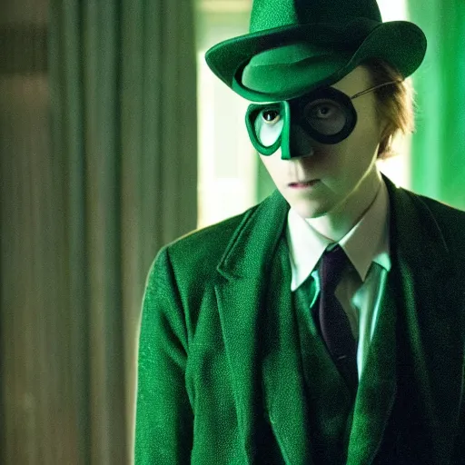 Image similar to film still of Paul Dano as Riddler in a green suit and tie and green fedora in a dark room in The Batman, 4k, dark lighting!!!!, film noir, grainy, dark tone