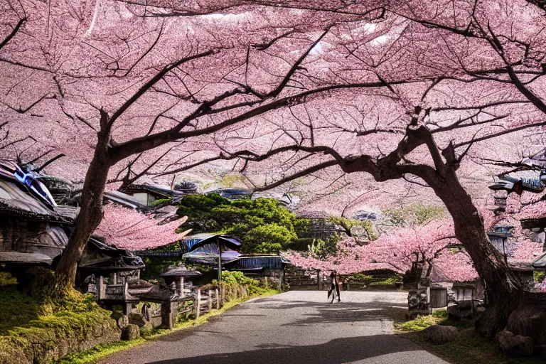 Prompt: Old japanese architecture in a Japanese valley, cherry blossom trees, dramatic sky, digital art, 4k, 8k, trending on ArtStation