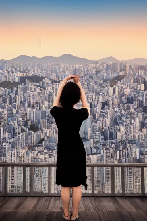 Prompt: a beautiful woman in a little black dress watching the sunset over seoul from the rooftop, urban skyline, realistic photo, luxury, cinematic, advertising photography