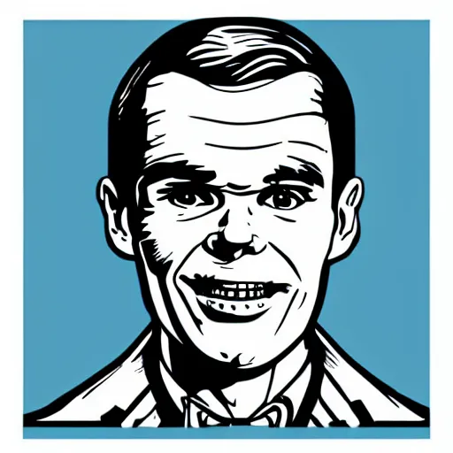 Prompt: individual smiling handsome alan turing silk screen butcher billy style