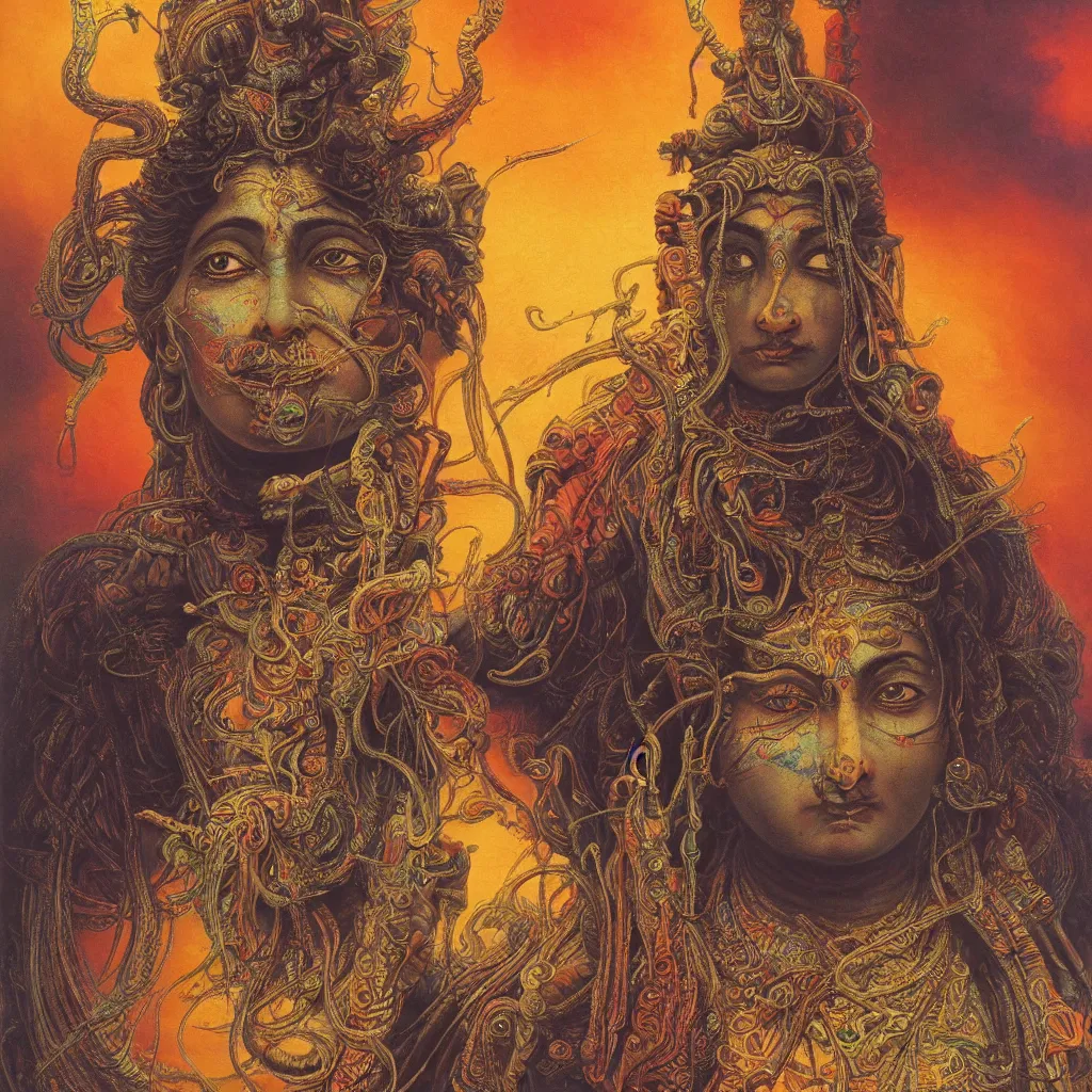 Prompt: One many-armed Shiva. Background in colorful patterns. High detail, hyperrealism, masterpiece, close-up, ceremonial portrait, solo, rich deep colors, realistic, art by Yoshitaka Amano, Ivan Aivazovsky, Giger