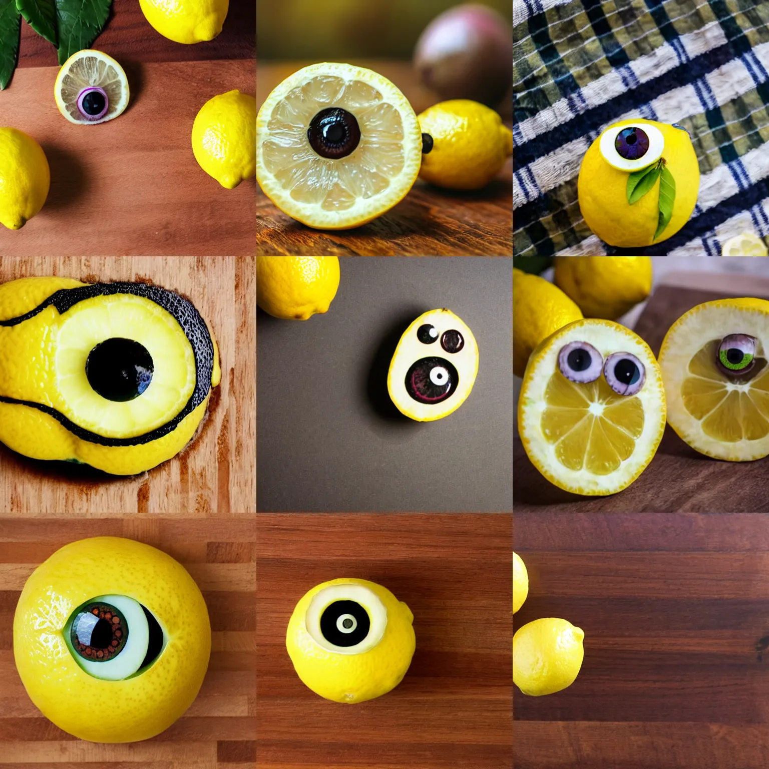 Prompt: a lemon with large eyeballs on a cutting board, close up photo