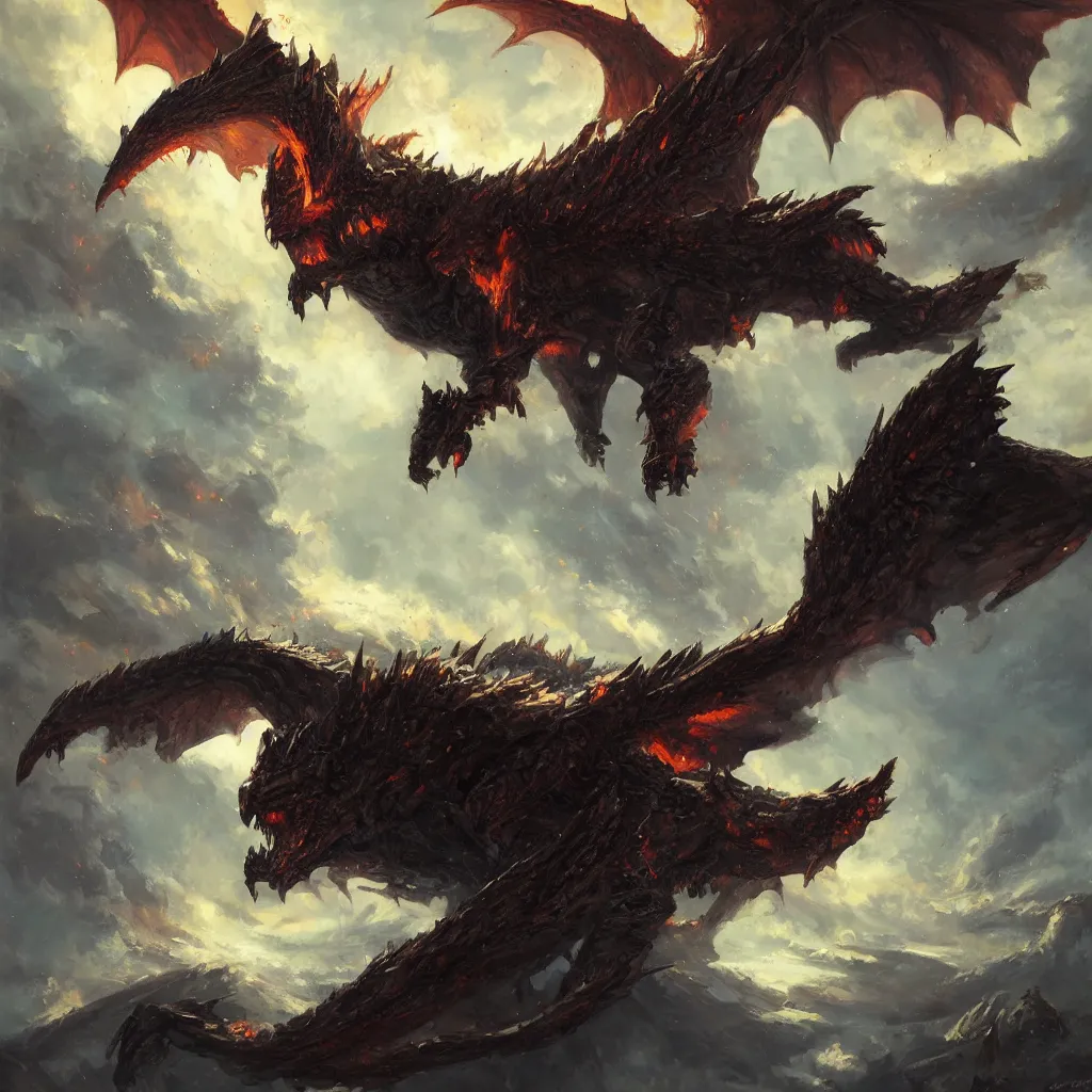 Image similar to oil painting of deathwing dragon flying down on earth by greg rutkowski