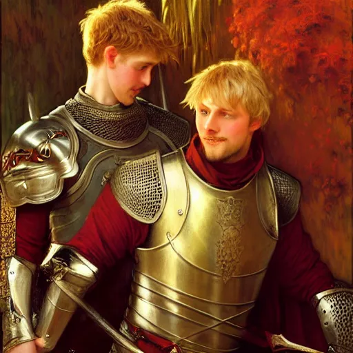 Image similar to attractive arthur pendragon and his attractive male knight, they are in love, natural lighting, path traced, highly detailed, high quality, digital painting, by gaston bussiere, craig mullins, alphonse mucha j. c. leyendecker