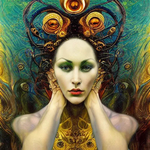 Image similar to Divine Chaos Engine by Karol Bak, Jean Deville, Gustav Klimt, and Vincent Van Gogh, beautiful visionary mystical portrait, sacred, otherworldly, fractal structures, Surreality, ornate gilded medieval icon, third eye, spirals