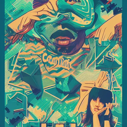 Prompt: poster art for berner, herb, cookies runtz, miami, graffiti, geometric 3 d shapes, tones of blue and green, marbling, marijuana, smoke : 5 by sachin teng, trending on artstation : 5