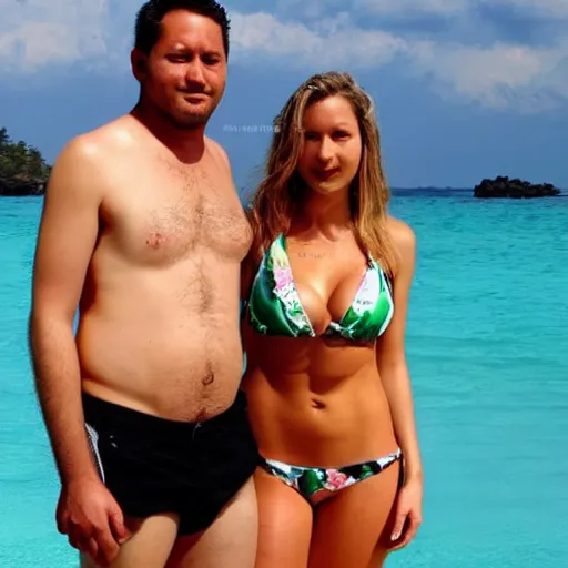 Image similar to 4 0 year old man that looks young for his age that seems to attract young women. a 2 1 year old woman in a bikini can be seen at his side.