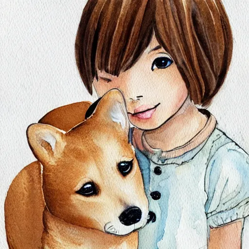 Image similar to a watercolor illustration of a girl with light brown hair, hazel eyes and freckles accompanied by a shiba inu