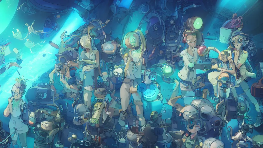 Prompt: a group of scientist watch with joy the marvellous bioluminescent creature that live in the depth of the sea from the bay of a futuristic submarine, dramatic lighting, dynamic lighting, cinematic lighting, by makoto makoto, krenz cushart and artgerm, anime, featured on artstation, ultrawide angle