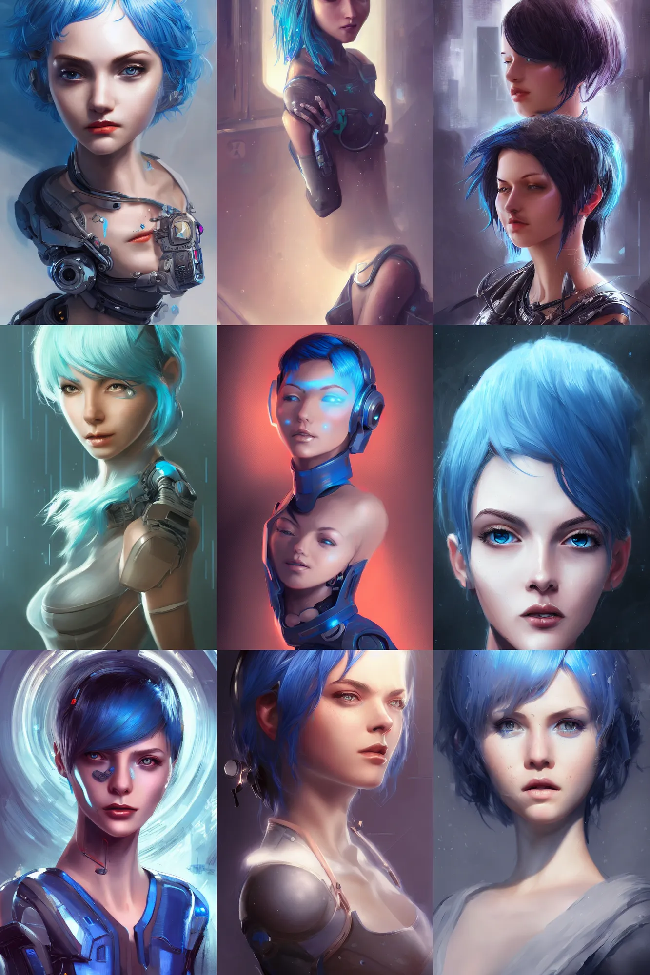 Prompt: Ultrarealistic illustration beautiful young woman, short blue hair, cyborg, cyberpunk, sci-fi fantasy,intricate,elegant,highly detailed, digital painting, artstation, concept art