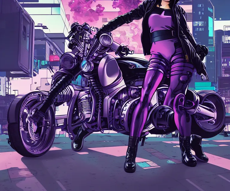 Image similar to motoko kusanagi riding a cyberpunk vehicle in a grungy cyberpunk megacity, bosozoku gang war, cyberpunk vaporwave, by phil jimenez, artgerm, sola digital arts, anti aliasing, raytracing