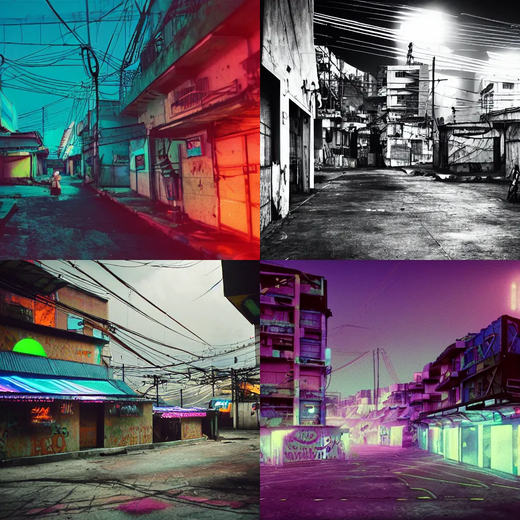 Prompt: futuristic brazilian favela with neon lights, smog and neon lights before a setting sun, 8 0 s film, dark future atmosphere, 3 5 mm. neon lights. vaporwave style