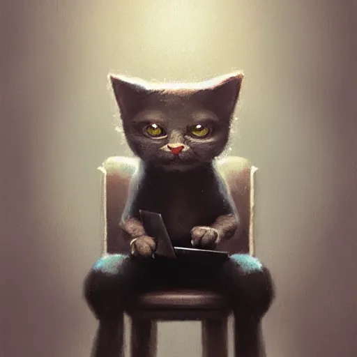 Prompt: anthropomorphic cat sitting in a chair using a laptop, painting, by greg rutkowski and igor kieryluk, photo realistic, dynamic lighting, artstation, poster, volumetric lighting, very detailed face, 8 k, award winning