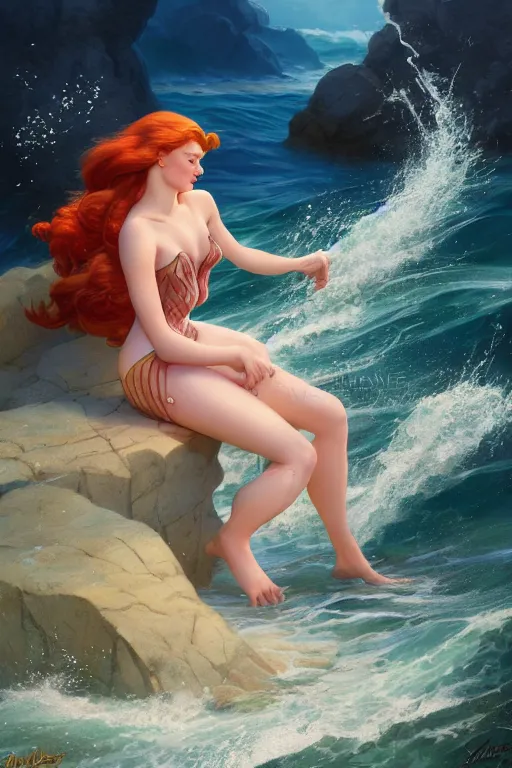 Prompt: sophie turner as the little mermaid splashed onto a rock ocean wave by Gil Elvgren Stanley Artgerm Lau, WLOP, James Jean, Andrei Riabovitchev, Marc Simonetti, Yoshitaka Amano, ArtStation, CGSociety, cinematic lighting, shining eyes, art nouveau