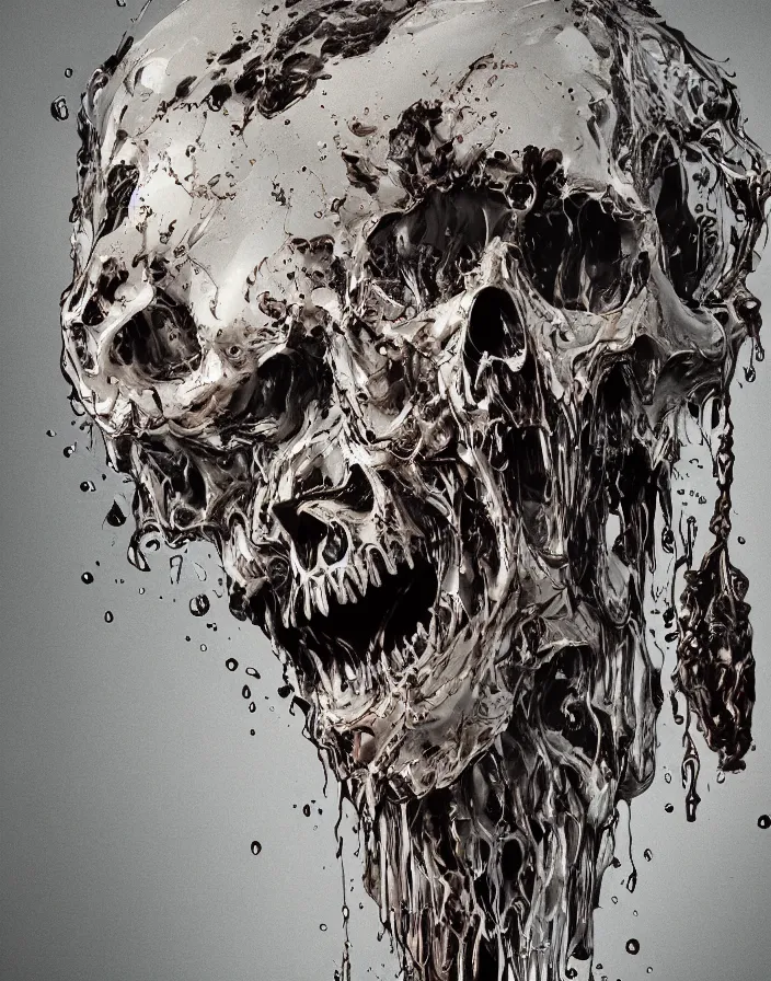 Image similar to portrait of a melting dripping skull. razor sharp teeth. burning water distortions. intricate abstract. intricate artwork. by Tooth Wu, wlop, beeple, dan mumford. octane render, trending on artstation, greg rutkowski very coherent symmetrical artwork. cinematic, hyper realism, high detail, octane render, 8k, depth of field, bokeh. iridescent accents