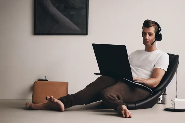 Image similar to a caucasian man who is deep in thought is wearing a white t - shirt and he is wearing black sweat pants and he is wearing headphones and he has an open laptop on his lap and he is relaxing in a brown leather chair that is in the reclining position