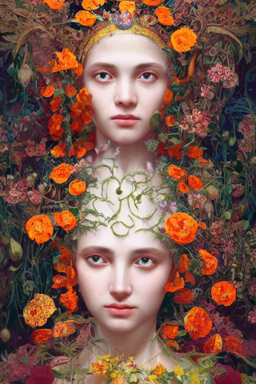 Image similar to breathtaking detailed concept art painting of the goddess of poppy flowers, orthodox saint, with anxious, piercing eyes, ornate background, amalgamation of leaves and flowers, by hsiao - ron cheng, extremely moody lighting, 8 k