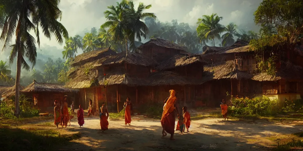 Image similar to kerala village, sharp focus, wide shot, trending on ArtStation, masterpiece, by Greg Rutkowski, by Ross Tran, by Fenghua Zhong, octane, soft render, oil on canvas, colorful, cinematic, environmental concept art