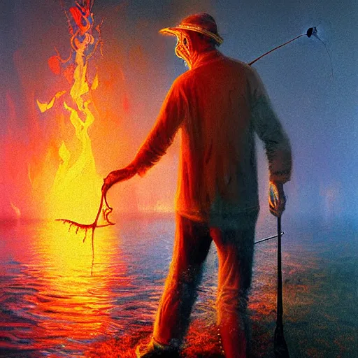 Prompt: UHD photorealistic Cosmic Zombie Alfred E. Newman fishing in a radioactive lake of fire, in the style of tonalism by Greg Rutkowski