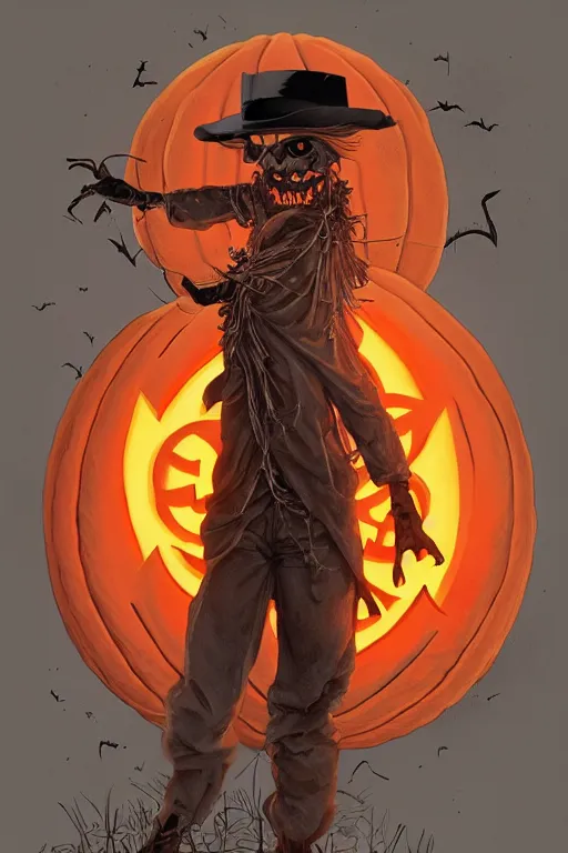 Image similar to a scarecrow with jack - o - lantern head, full body, big two toned eyes, halloween, horror, intricate details, cinematic, epic, realistic, anatomy, tomer hanuka, uplight, artstation, photorealistic, scary