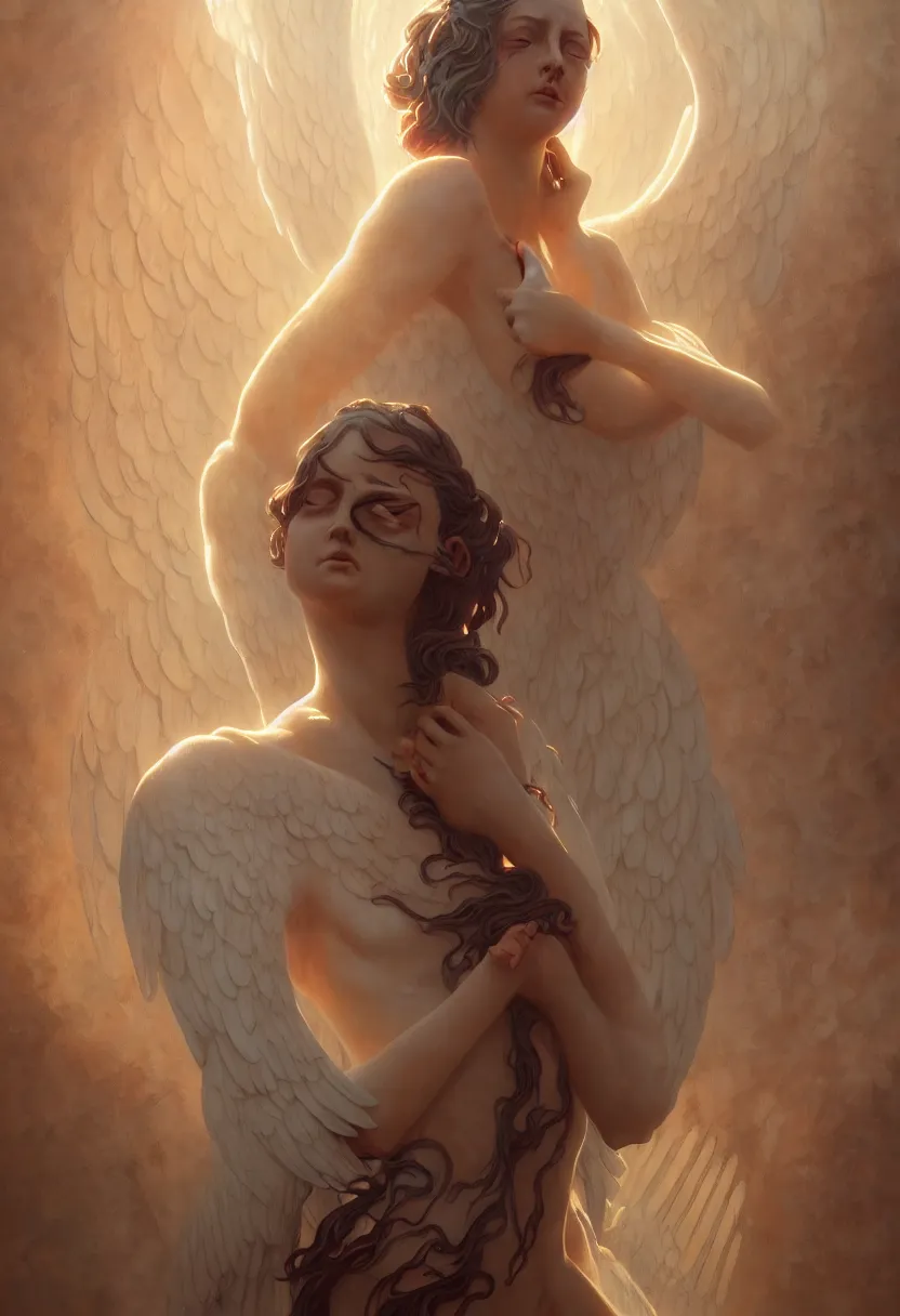 Image similar to beautiful very extreme closeup portrait, weeping scary angels, angel of grief, stone statues, beautiful woman body, unreal engine, greg rutkowski, loish, rhads, beeple, tom bagshaw, alphonse mucha, global illumination, detailed and intricate environment