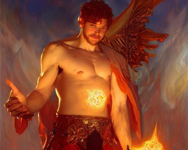 Image similar to attractive male deity, casting demonic magic, summoning handsome lucifer morning star. highly detailed painting by gaston bussiere, craig mullins, j. c. leyendecker 8 k