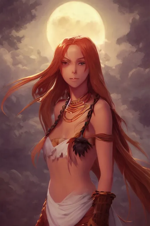 Image similar to long ginger hair, tanned woman in a prehistoric outfit, green eyes, fang necklace, by artgerm, hair tied in a ponytail, white backdrop, soft lighting, night scene, by greg rutkowski makoto shinkai takashi takeuchi