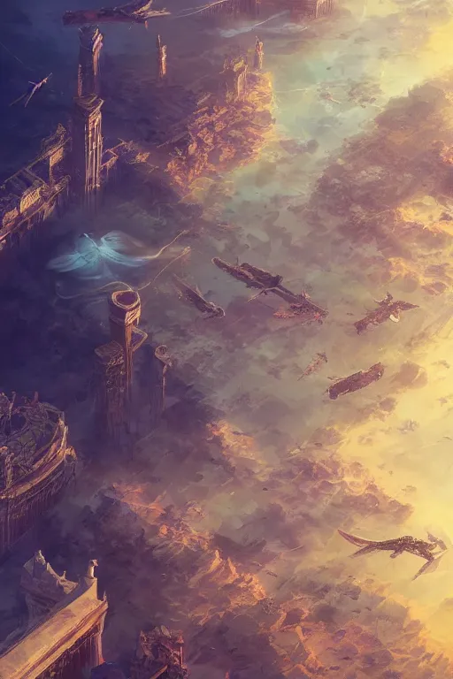 Prompt: birds eye view of atlantis, ancient city, mystical artifacts, flying crystal, art by guweiz, dramatic lighting, highly detailed, incredible quality, trending on artstation