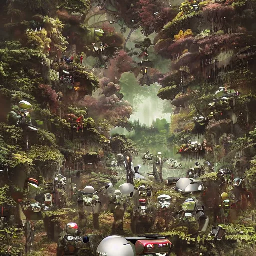 Image similar to a world full of robots overran by nature by akihiko yoshia and greg rutkowsk