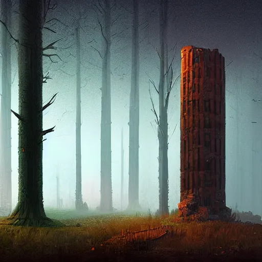 Image similar to monumental old ruins tower of a dark misty forest, overcast, sci - fi digital painting by simon stalenhag