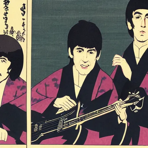 Prompt: The Beatles playing in the Budokan, Ukiyo-e art,