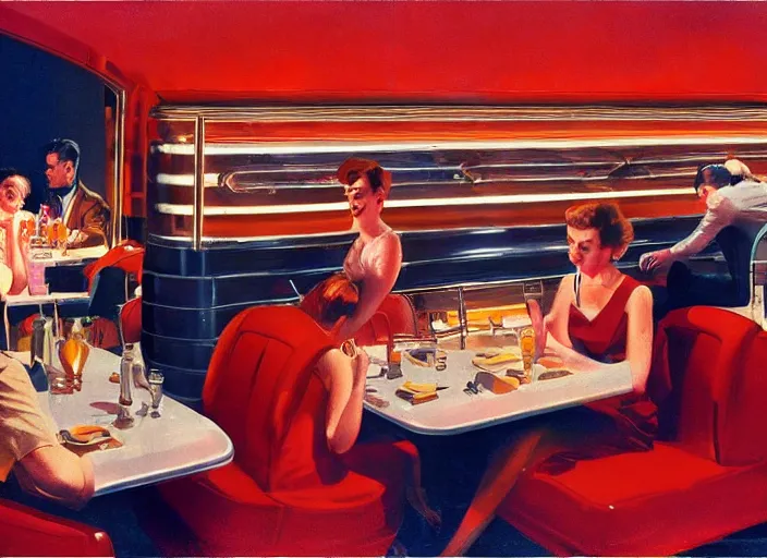 Prompt: diner, 1950s,jukebox,8K, by syd mead