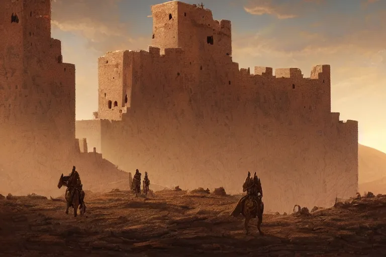 Prompt: highly detailed 4K fantasy matte painting of an ancient roman stronghold fort in the mountain desert dry several armored guard standing on the walls looking out at the sahara digital art by Greg Rutkowski and Thomas Kinkade, trending on Artstation