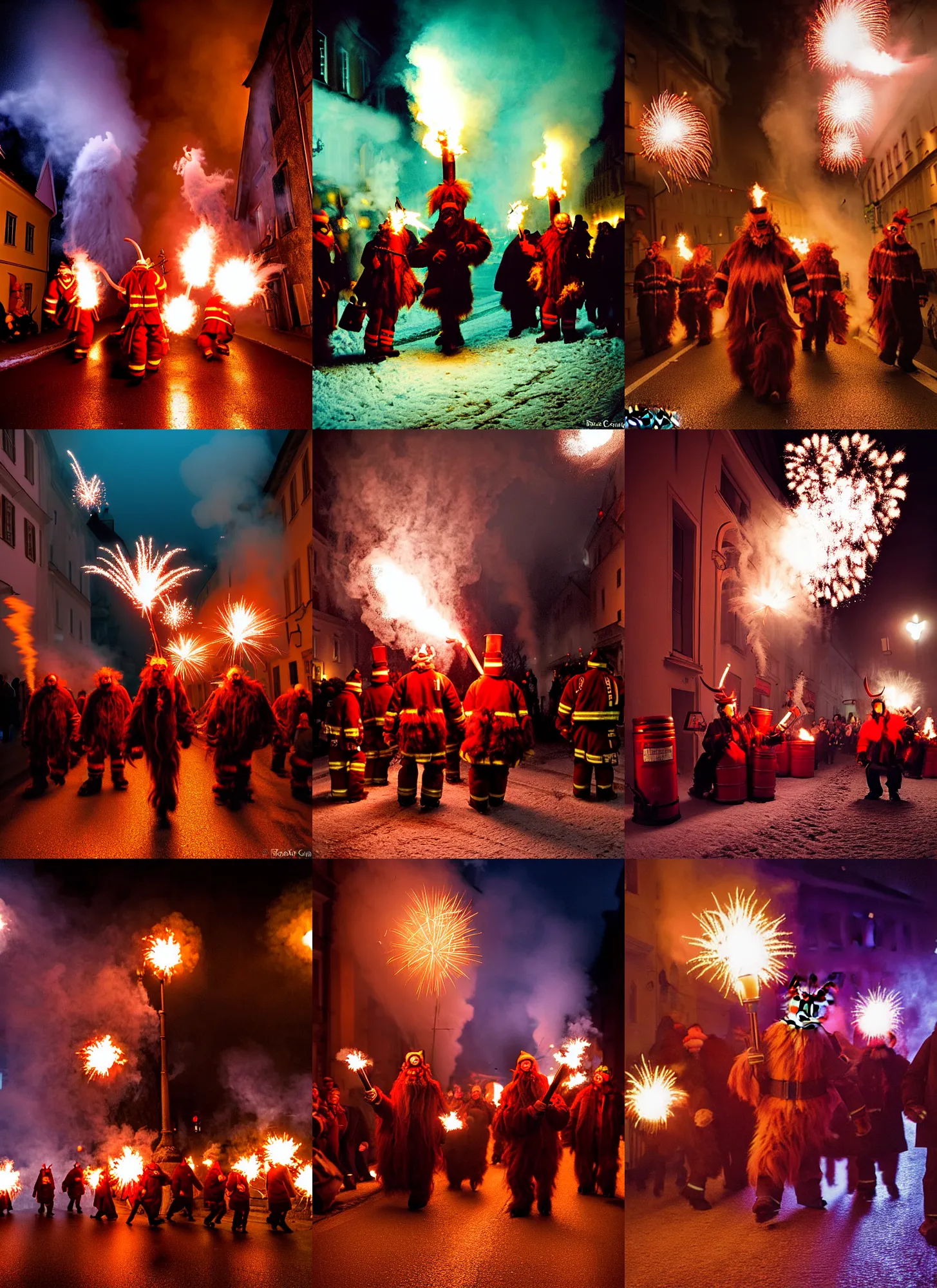 Prompt: kodak portra 4 0 0, winter, hellfire, award winning dynamic photograph of a bunch of hazardous krampus between fire barrels by robert capas, motion blur, in a narrow lane in salzburg at night with colourful pyro fireworks and torches